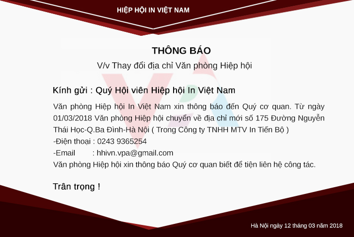 Thông báo v/v chuyển Văn phòng Hiệp hội